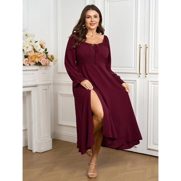 Women's Plus Size Maxi Dress Flowy A-Line Long Sleeve Square Neck Formal - Picture 4 of 7